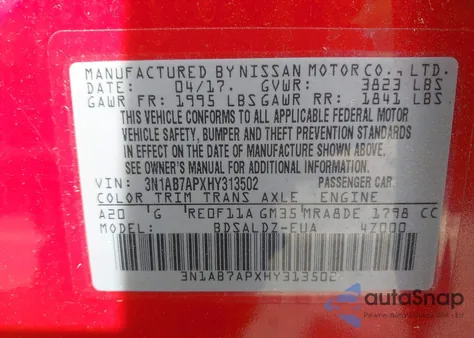 2017 Nissan Sentra Sv z USA, uszkodzony, nr VIN 3N1AB7APXHY313502